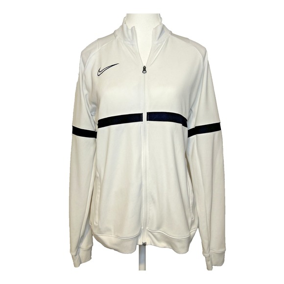 Nike Jackets & Blazers - Nike Dri Fit Womens M White Track Jacket Full Zip Logo Black Stripe Pockets FLAW